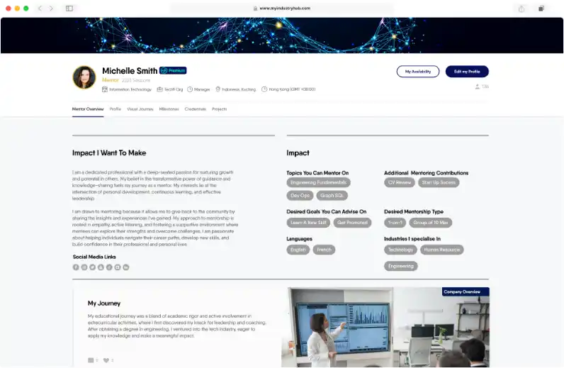 An mentor's profile on Myindustry Hub showcasing their portfolio.