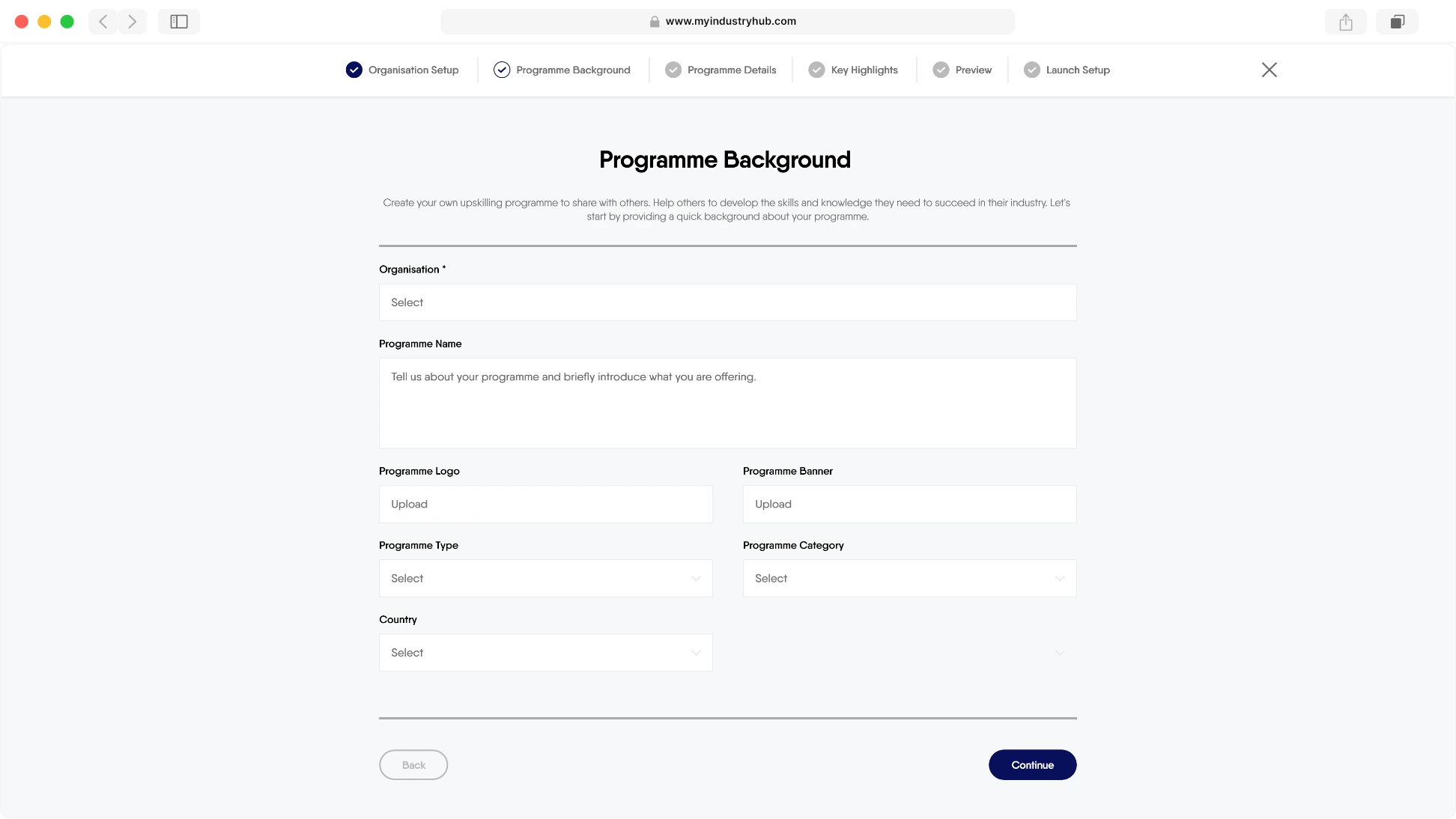 Hub programme creation page on the Myindustry Hub platform.