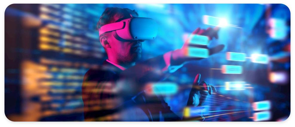 A man immersed in virtual reality, exploring endless possibilities on Myindustry Hub.